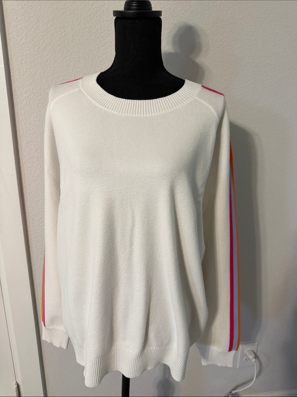 Women's White Crewneck Sweater with Pink & Orange Sleeve Stripes
